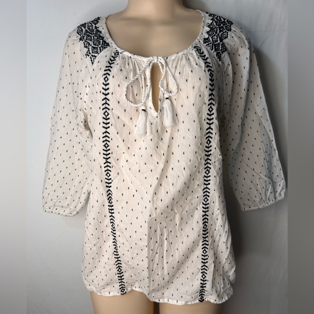 J. Crew White Black Navy Women’s Blouse Boho Peasant Top Polka Dot Size S
